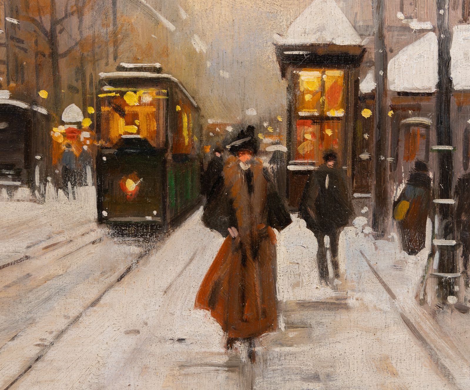 Pierre Jacquet (XXe siècle) : « Paris, Les Boulevards Sous La Neige », huile sur panneau photo vinterior