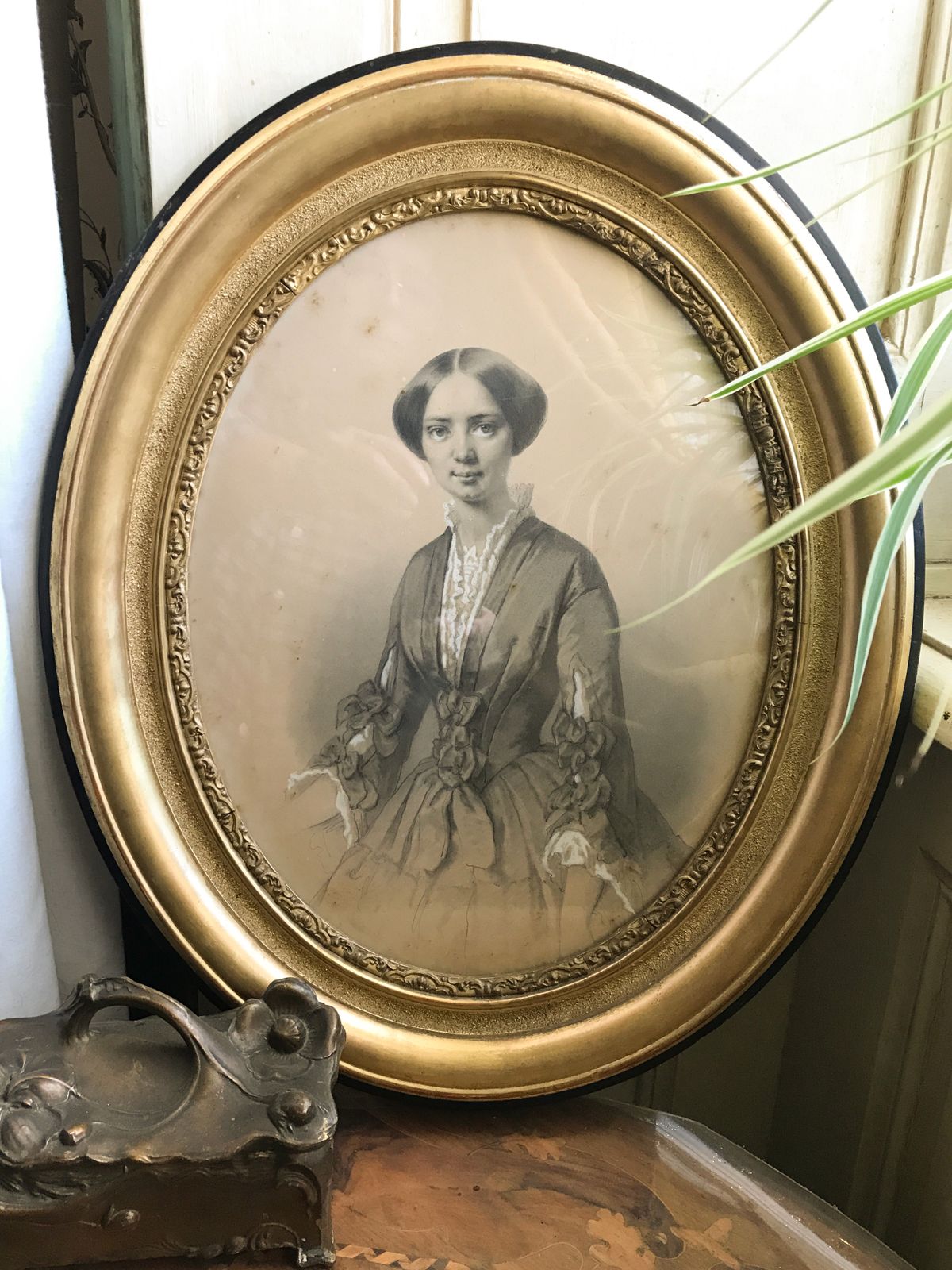 photo for sale Portrait D’élégante, 1853 – Original Graphite And Gouache Watercolor Painting Of An Elegant Lady