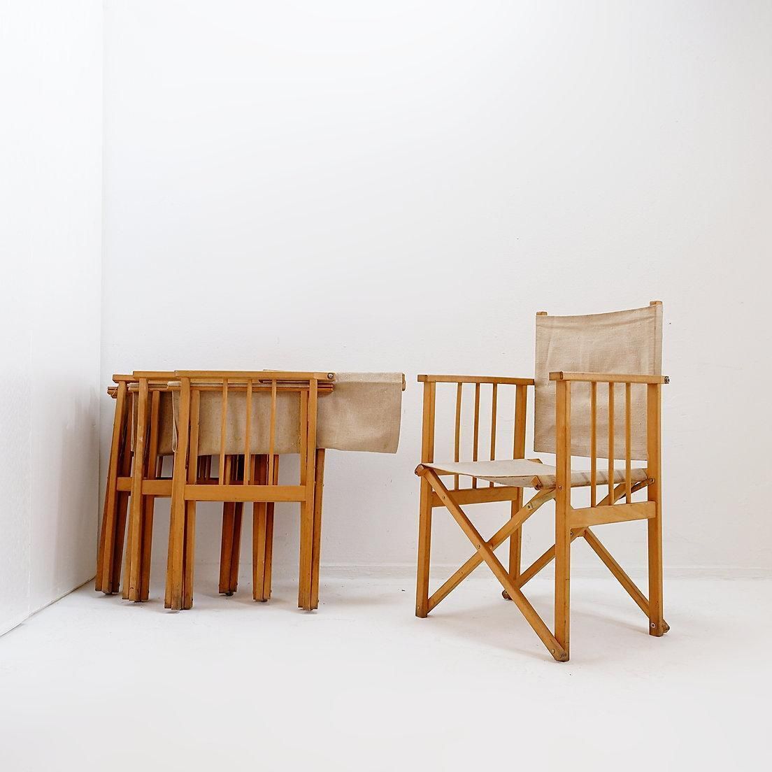 Set Of Four Mid Century Modern Folding Chairs In Oak & Canvas photo vinterior