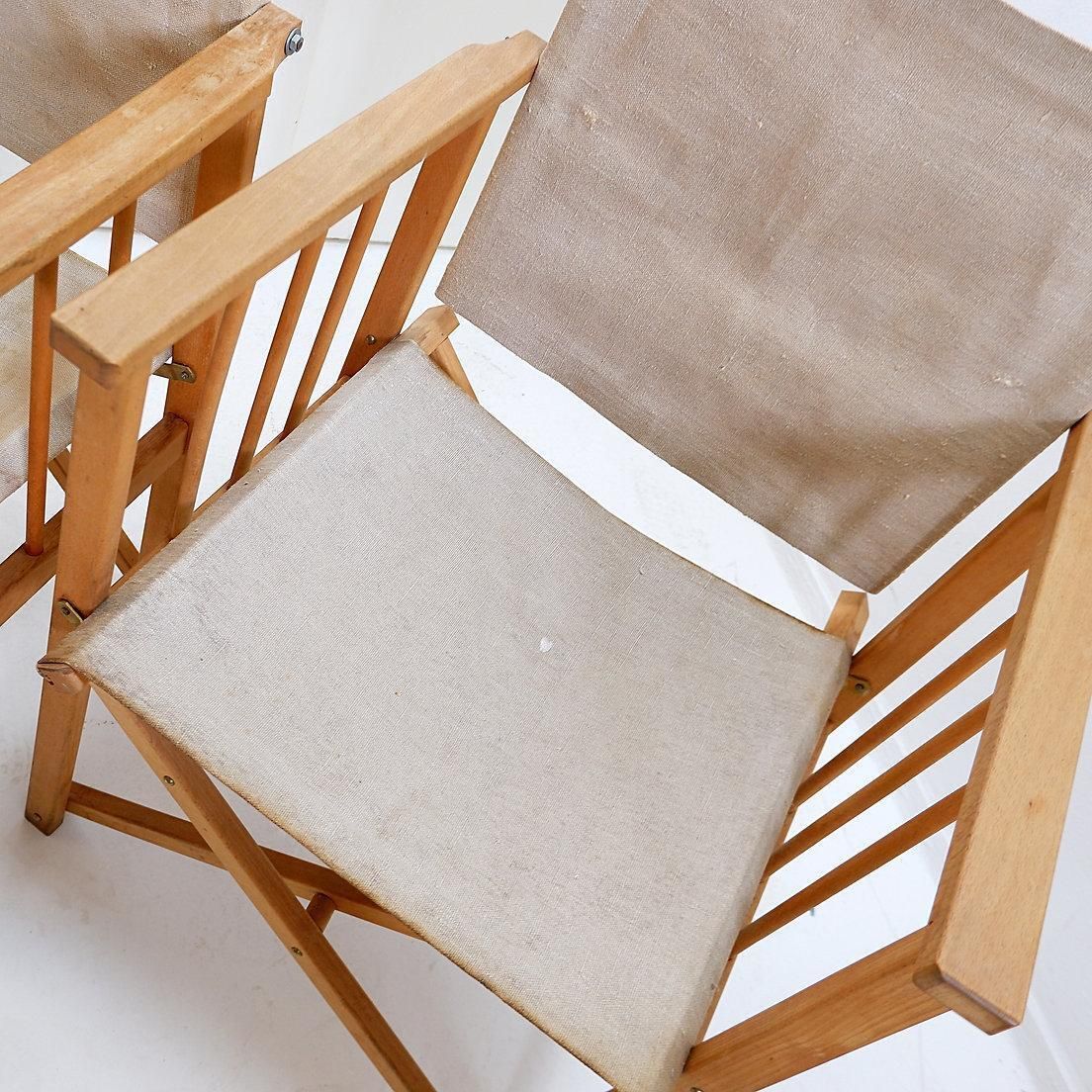 Furniture Set Of Four Mid Century Modern Folding Chairs In Oak & Canvas photo