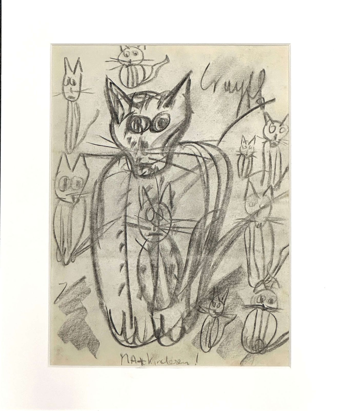 Expressive Cat With Kittens Drawing Framed, Dutch 1966 photo furniture