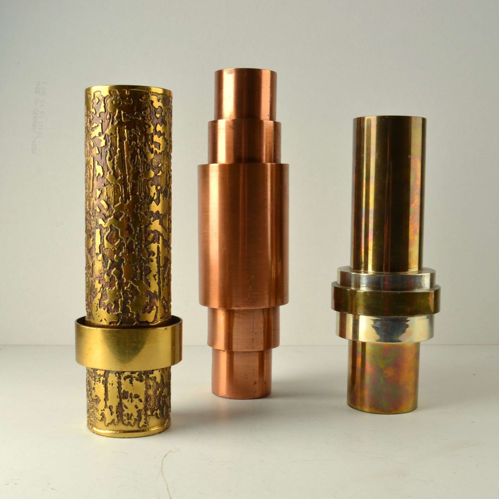 Set Of Sculptural Cylinder Brass Vases, Germany 1970's photo for sale