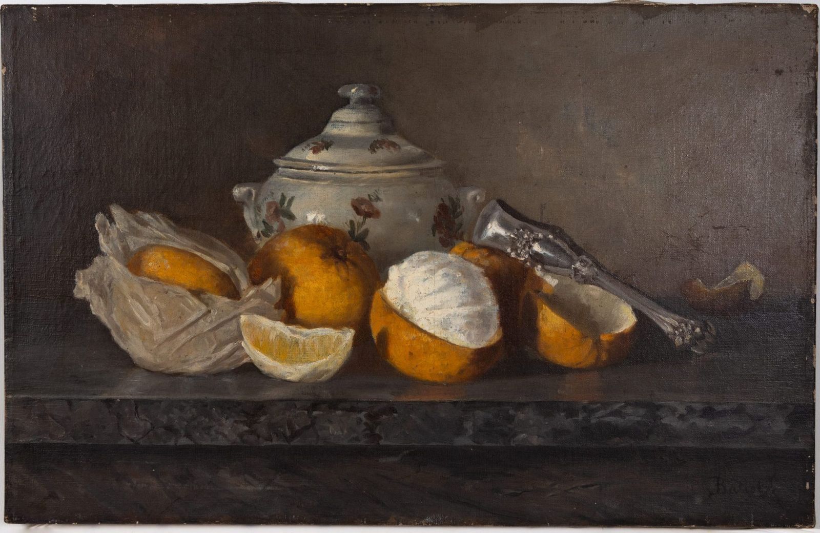 Original Antique French 19th Century Still Life Painting On Canvas, Signed – Oranges
