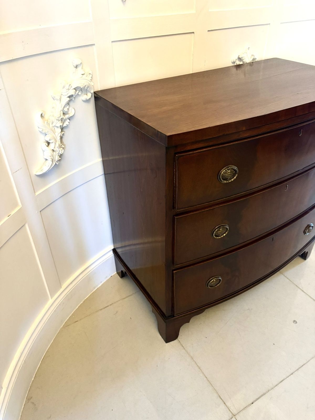 Antique 19th Century Bow Front Chest Of Drawers Figured Mahogany Brass Handles photo vinterior