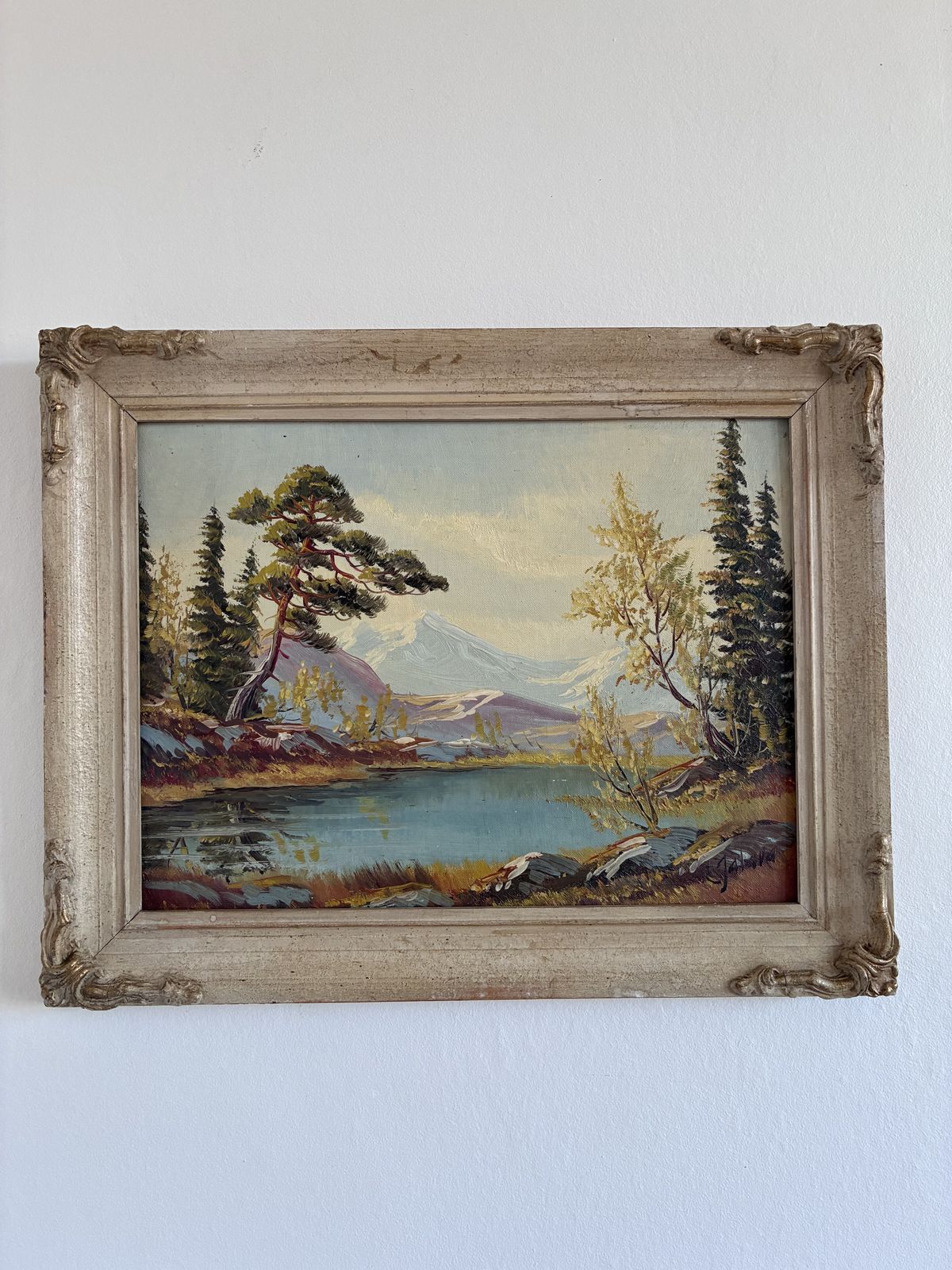 Peinture à l'huile vintage, paysage de montagne et rivière, encadrée