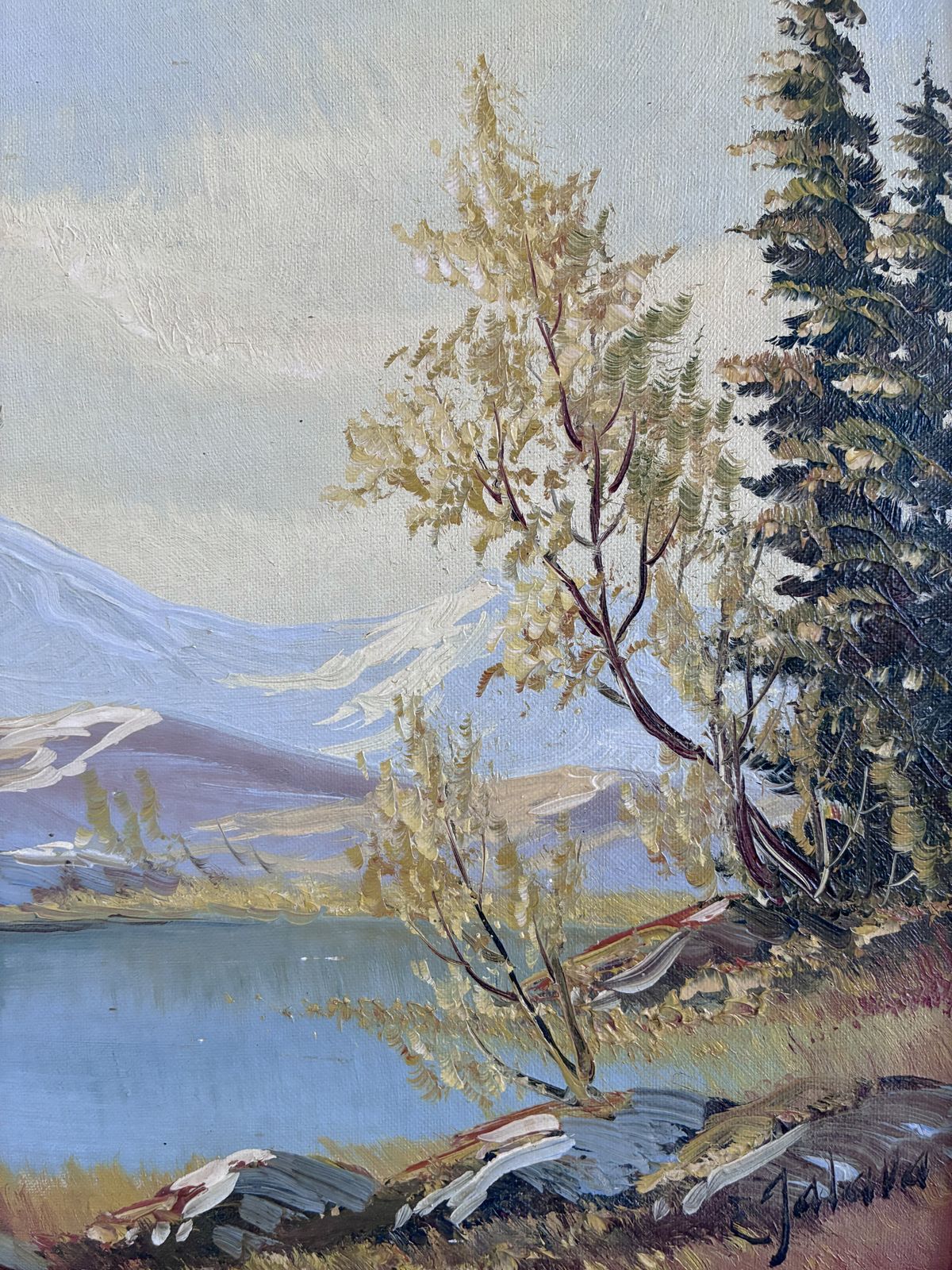 Peinture à l'huile vintage, paysage de montagne et rivière, encadrée photo Art