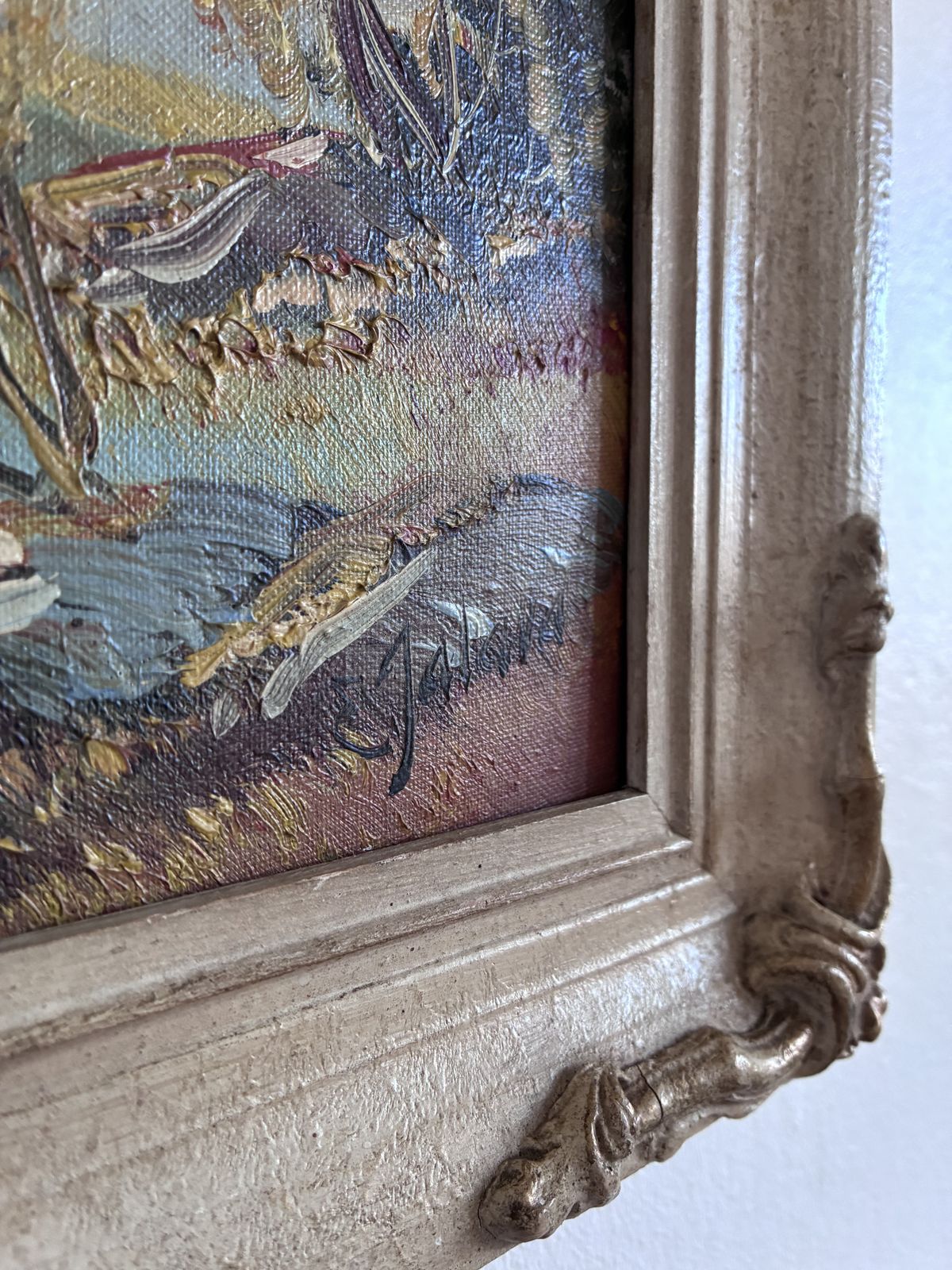 photo for sale Peinture à l'huile vintage, paysage de montagne et rivière, encadrée