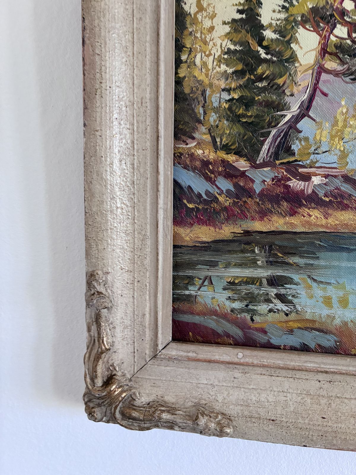 379.0 Vintage Original Landscape Oil Painting, Framed Mountain River Art photo