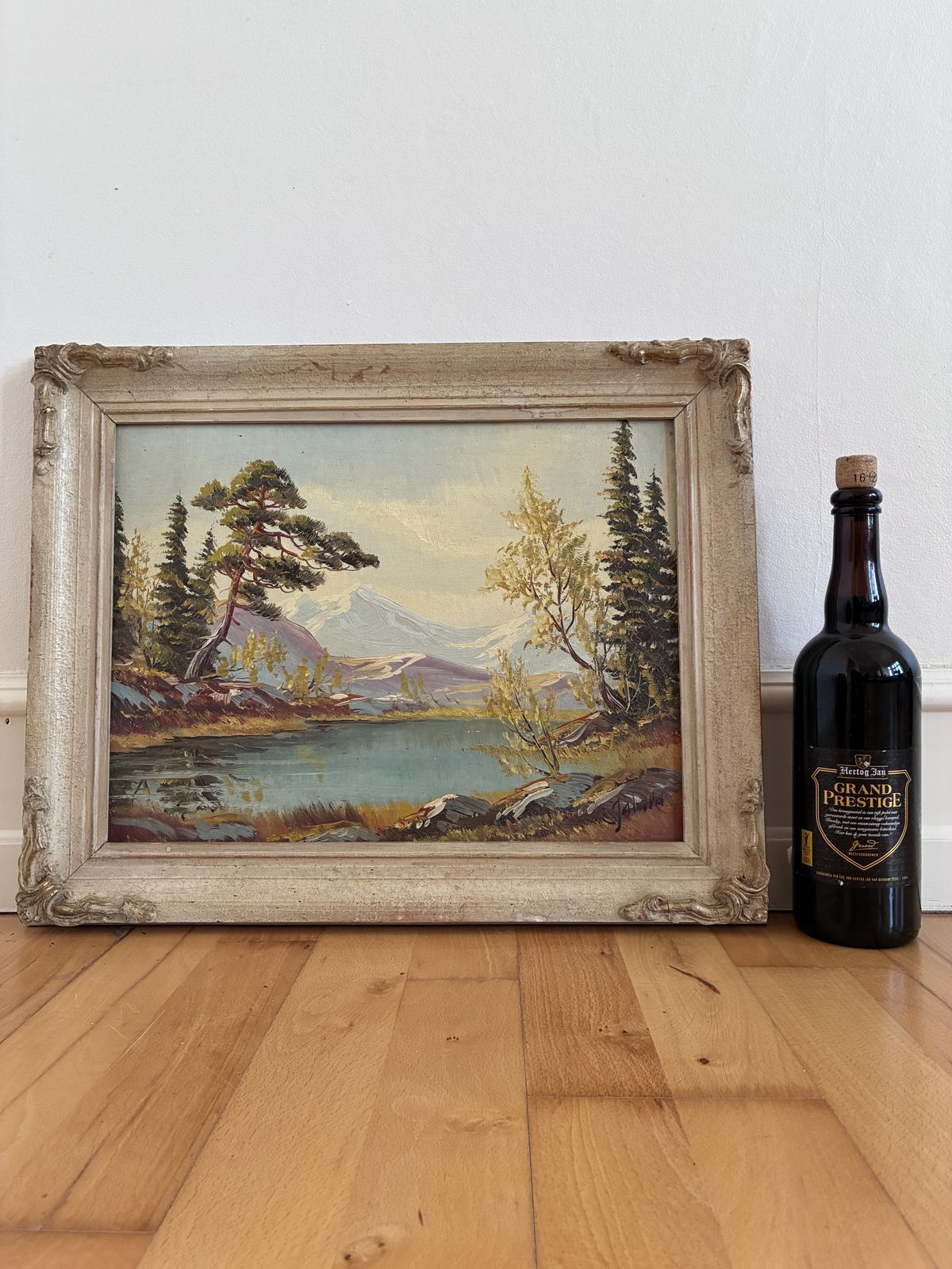 photo vinterior Vintage Original Landscape Oil Painting, Framed Mountain River Art