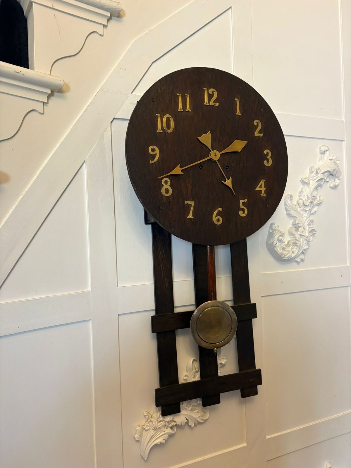 Antique Arts And Crafts Oak Wall Clock Eight Day Striking Movement Brass Numerals photo for sale