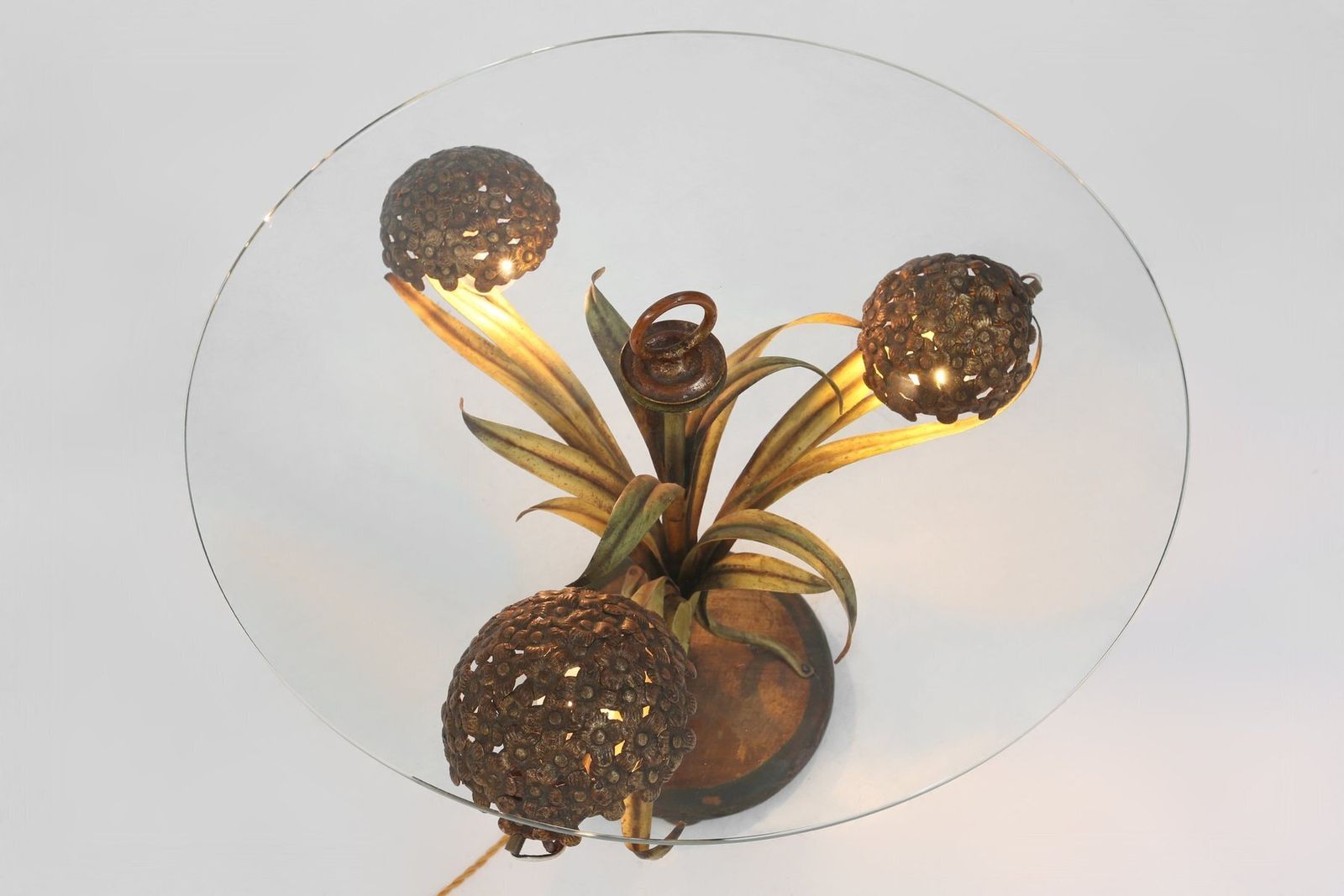 Hollywood Regency French Coffee Table With Lightning In Brass Flowers, 1950s photo vinterior