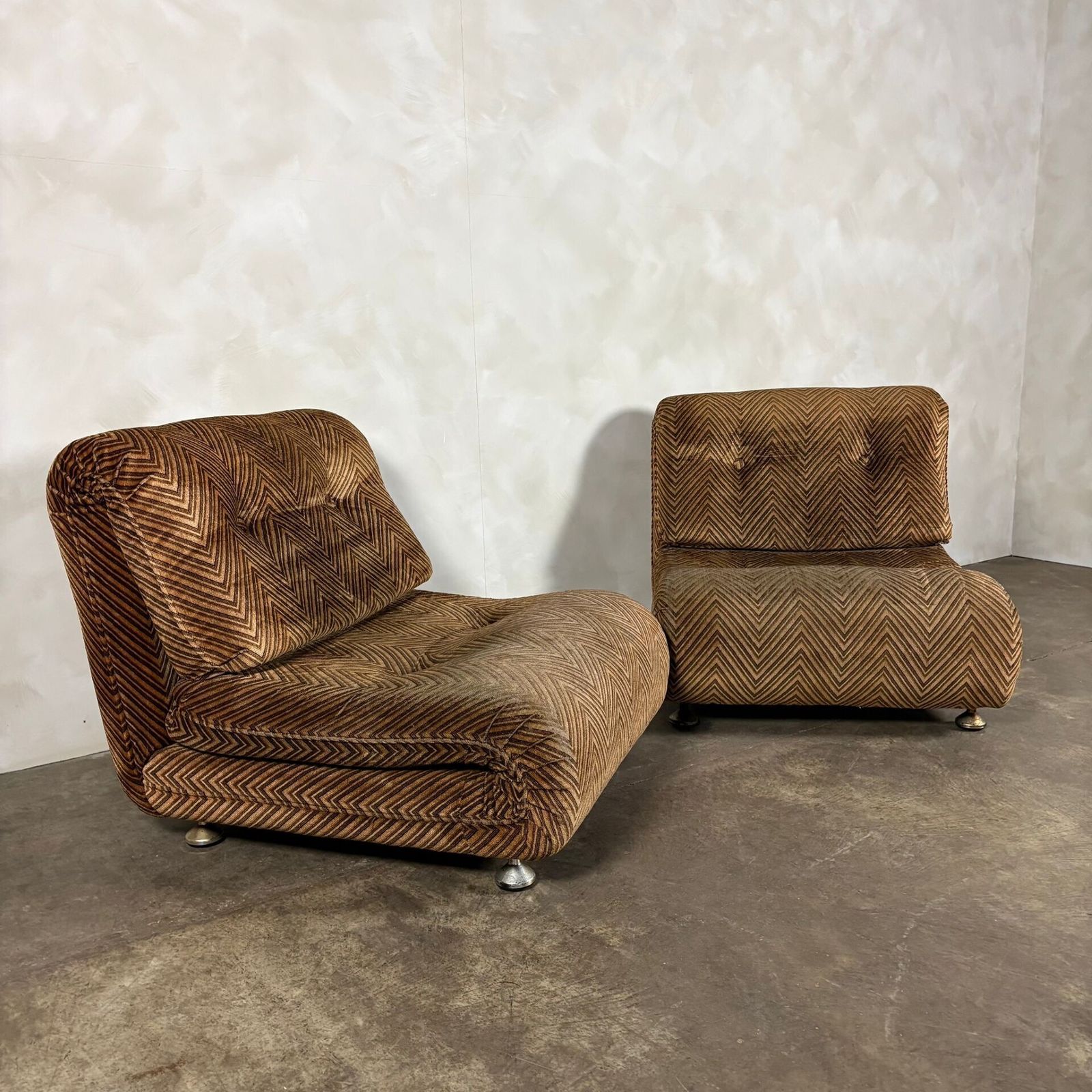 Mid Century G Plan Duo Modular Armchairs/Sofa Geometric Brown Chevron Pattern Retro Mcm photo vinterior