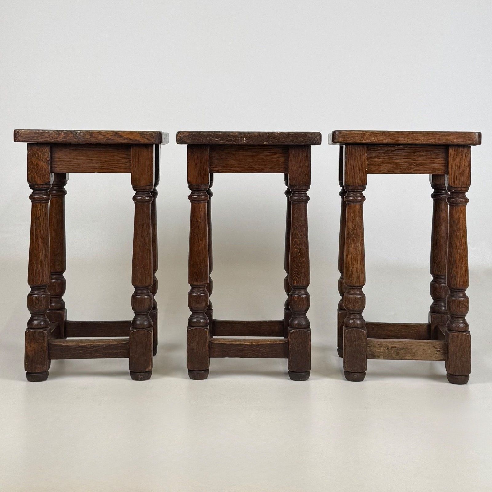 Antique 20th Century Edwardian Set Of 3 Oak Stools ( Af 5540 )