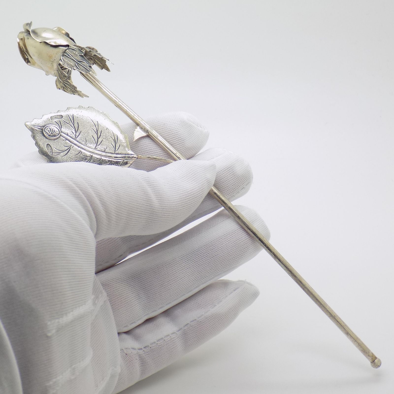 Vintage Italian Handmade Genuine Sterling Silver Long Stem Rosebud Figurine, 1980s photo 232.0