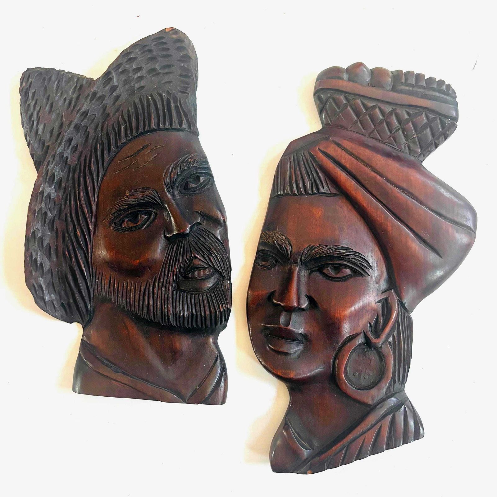 Pair Of Mid Century Brazilian Hand Carved Hardwood Wall Plaques – "Baiana" & Male Figure Afro Brazil