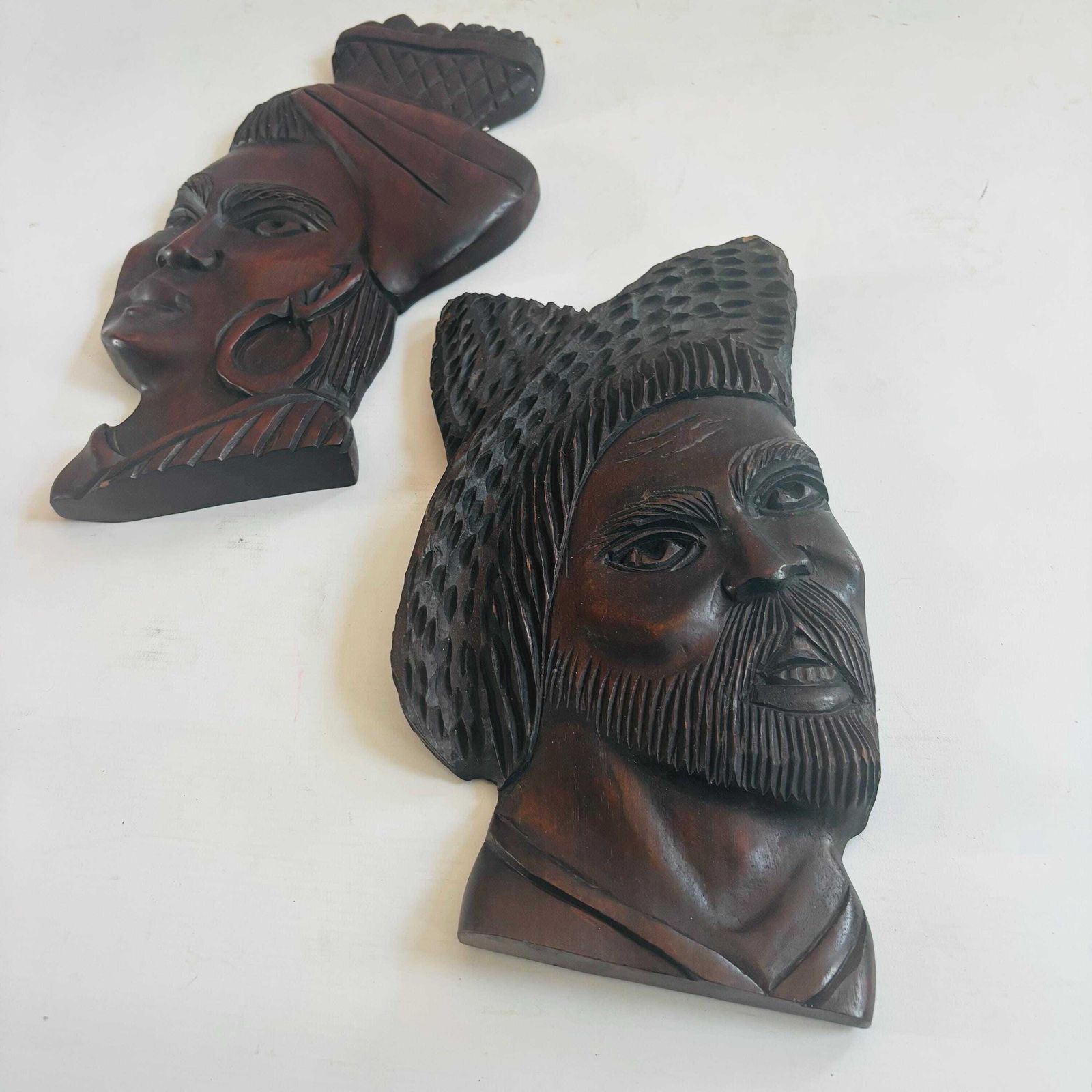 Pair Of Mid Century Brazilian Hand Carved Hardwood Wall Plaques – "Baiana" & Male Figure Afro Brazil photo buy