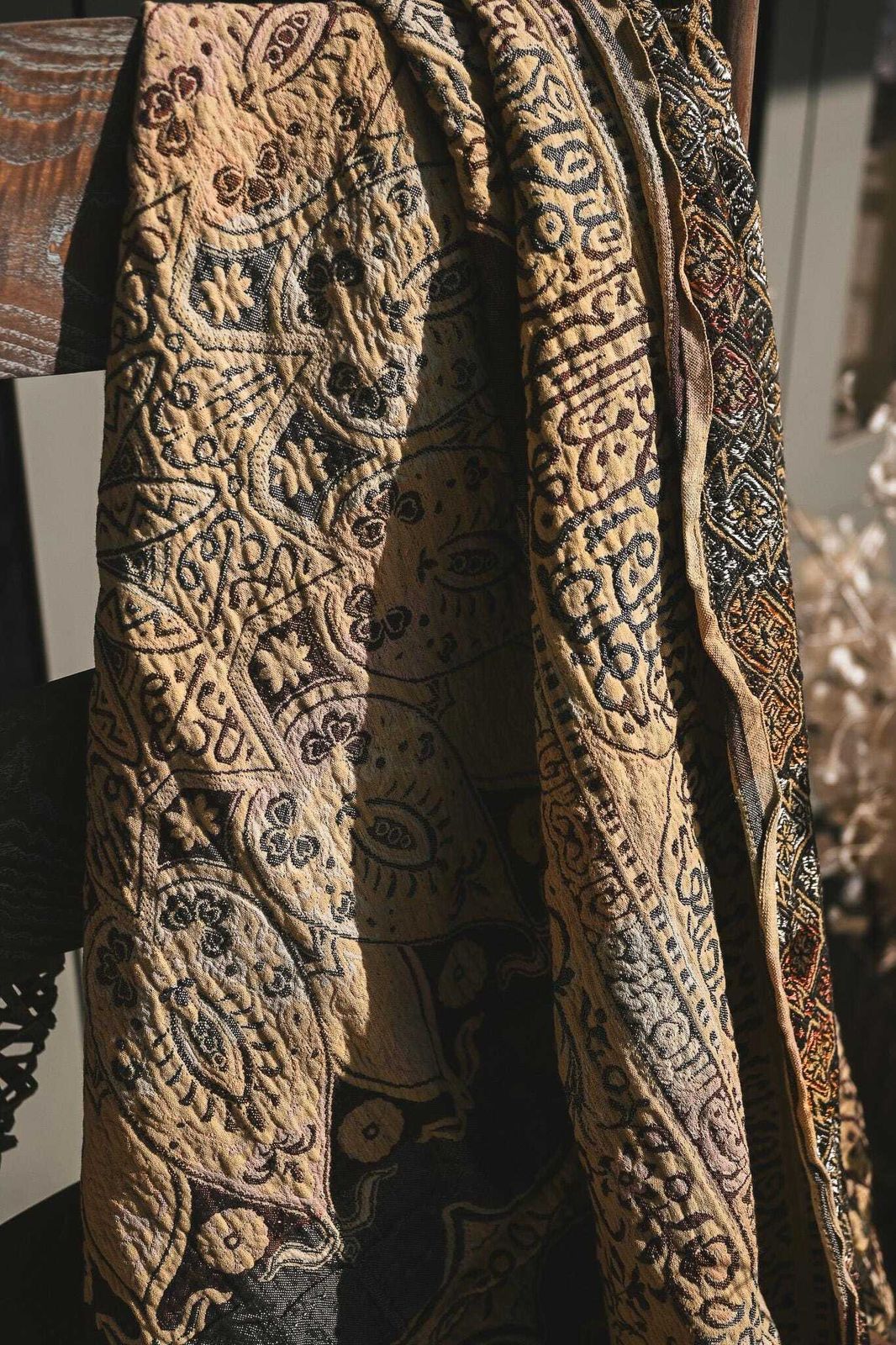 Antique Orientalist Throw Blanket Silk Accents Gold Lotus Mandala Early 20th Century 135x240cm photo Textiles