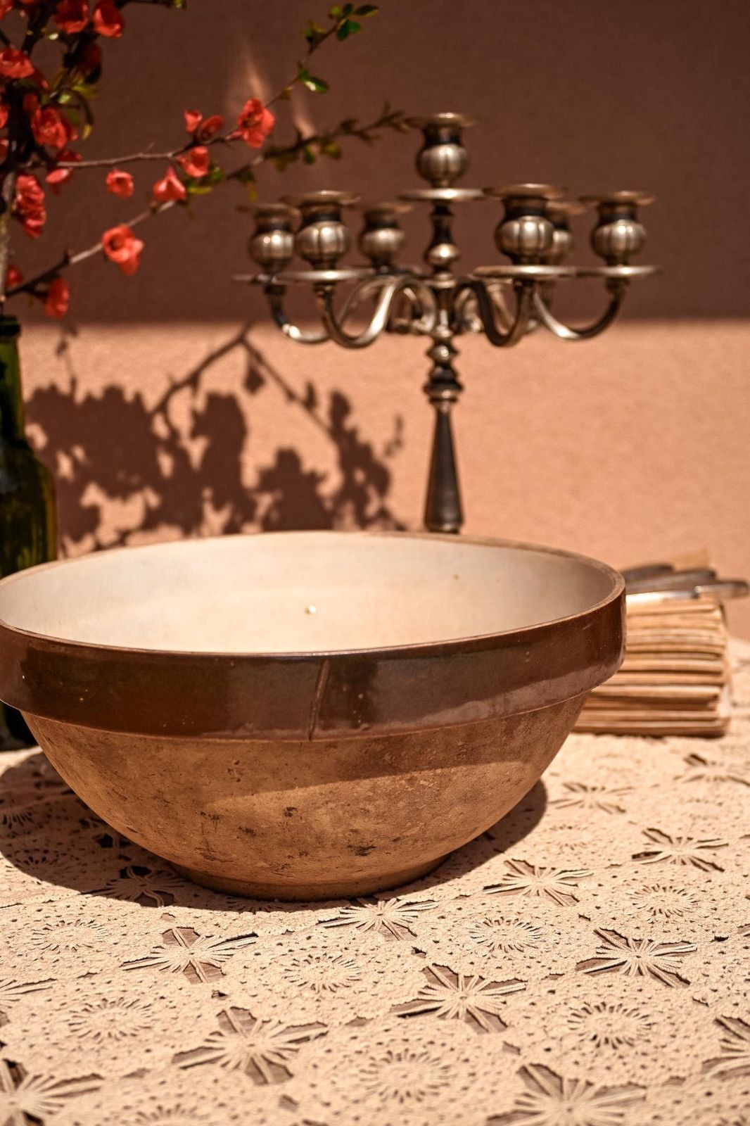 Antique French Stoneware Mixing Bowl Large Farmhouse Salad Bowl Brown Rim Glazed Interior 36cm