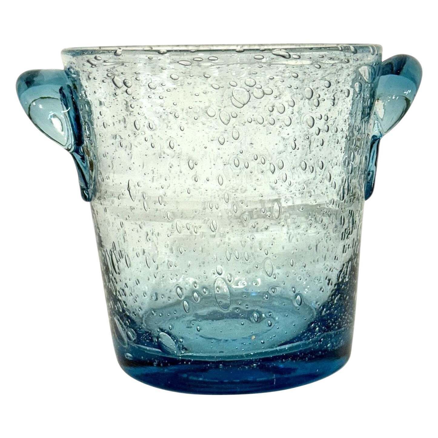 Biot Blue Bubble Glass Ice Bucket, Hand Blown, Coastal Design, France photo vinterior