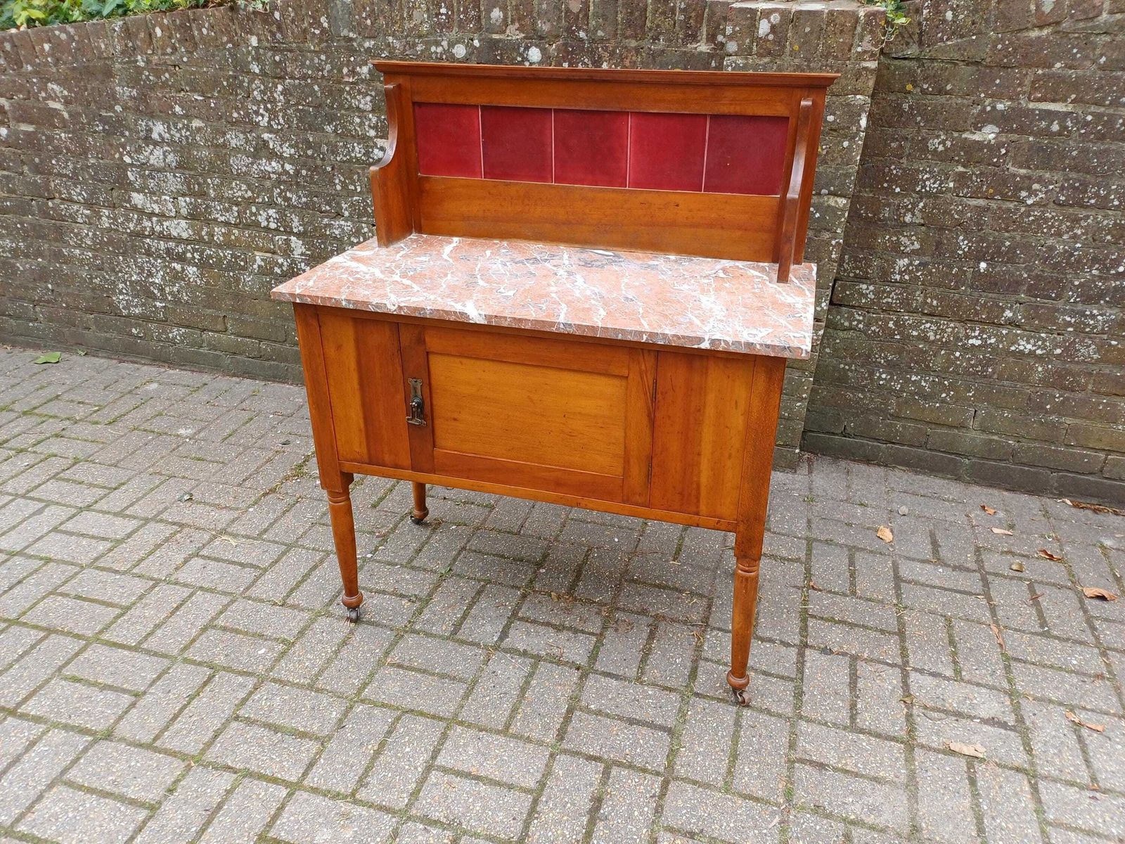 Early 20th Century Satinwood Washstand Marble Top Tile Back Antique Bedroom Cabinet On Casters Original Finish Edwardian Free Hand Delivery photo 475.0