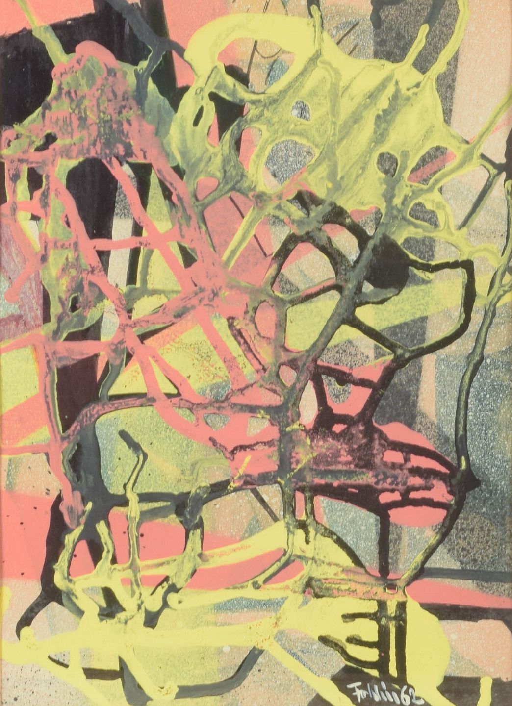 Gunnar Fohlin, Swedish Artist. Gouache On Paper. Dynamic Abstract Work, 1962