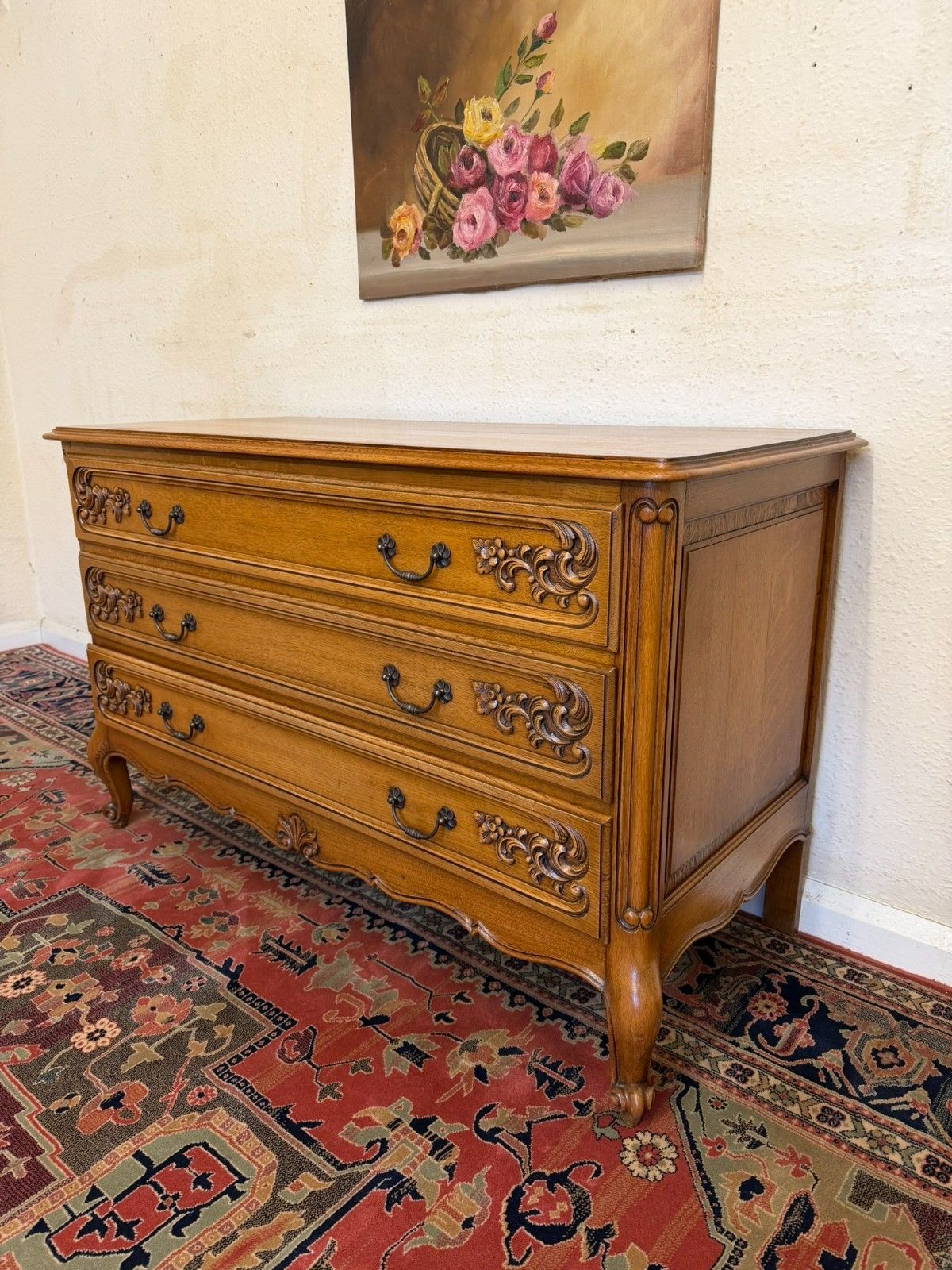 Quality French Carved Oak Chest Of Three Drawers Circa 1950 photo furniture