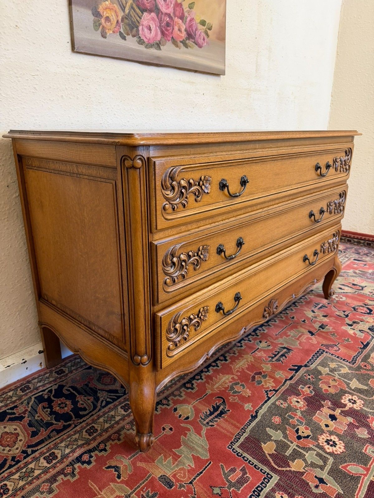 Quality French Carved Oak Chest Of Three Drawers Circa 1950 photo for sale