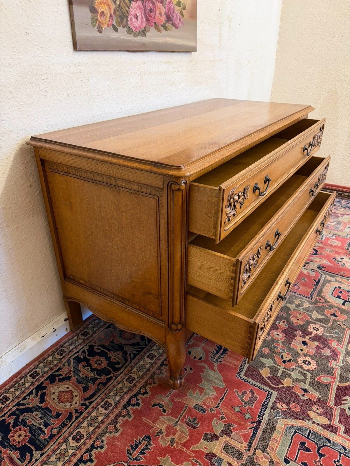 photo furniture Quality French Carved Oak Chest Of Three Drawers Circa 1950
