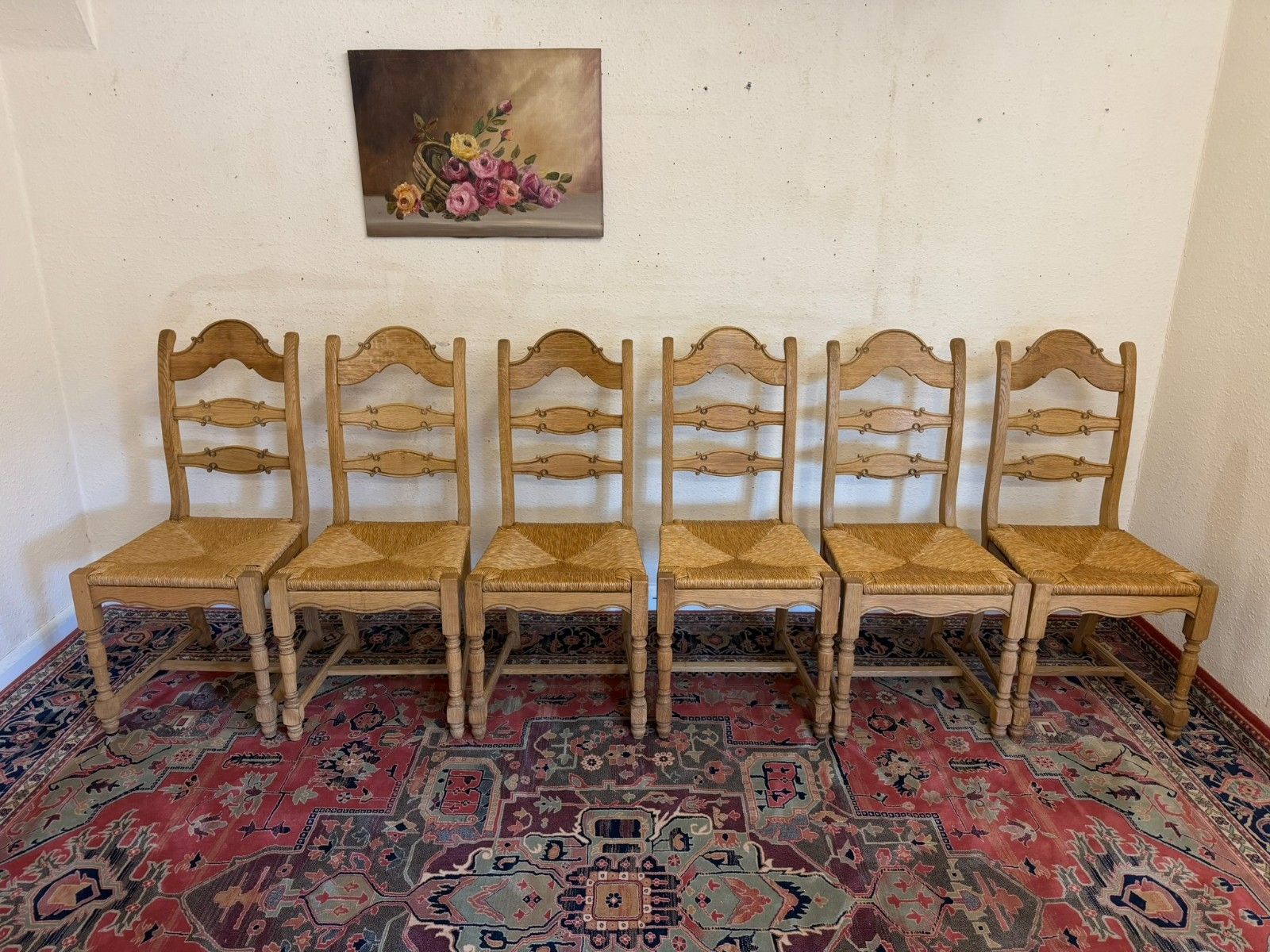 Set Of Six French Farmhouse Raw Oak Dining Chairs Circa 1930