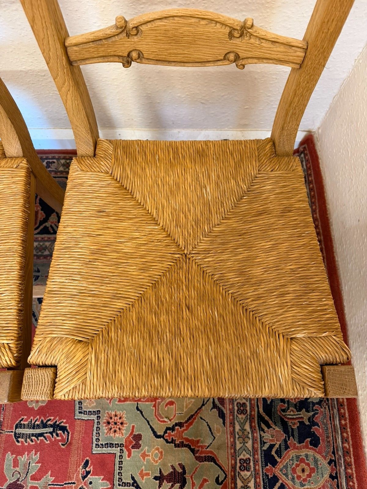 photo for sale Set Of Six French Farmhouse Raw Oak Dining Chairs Circa 1930