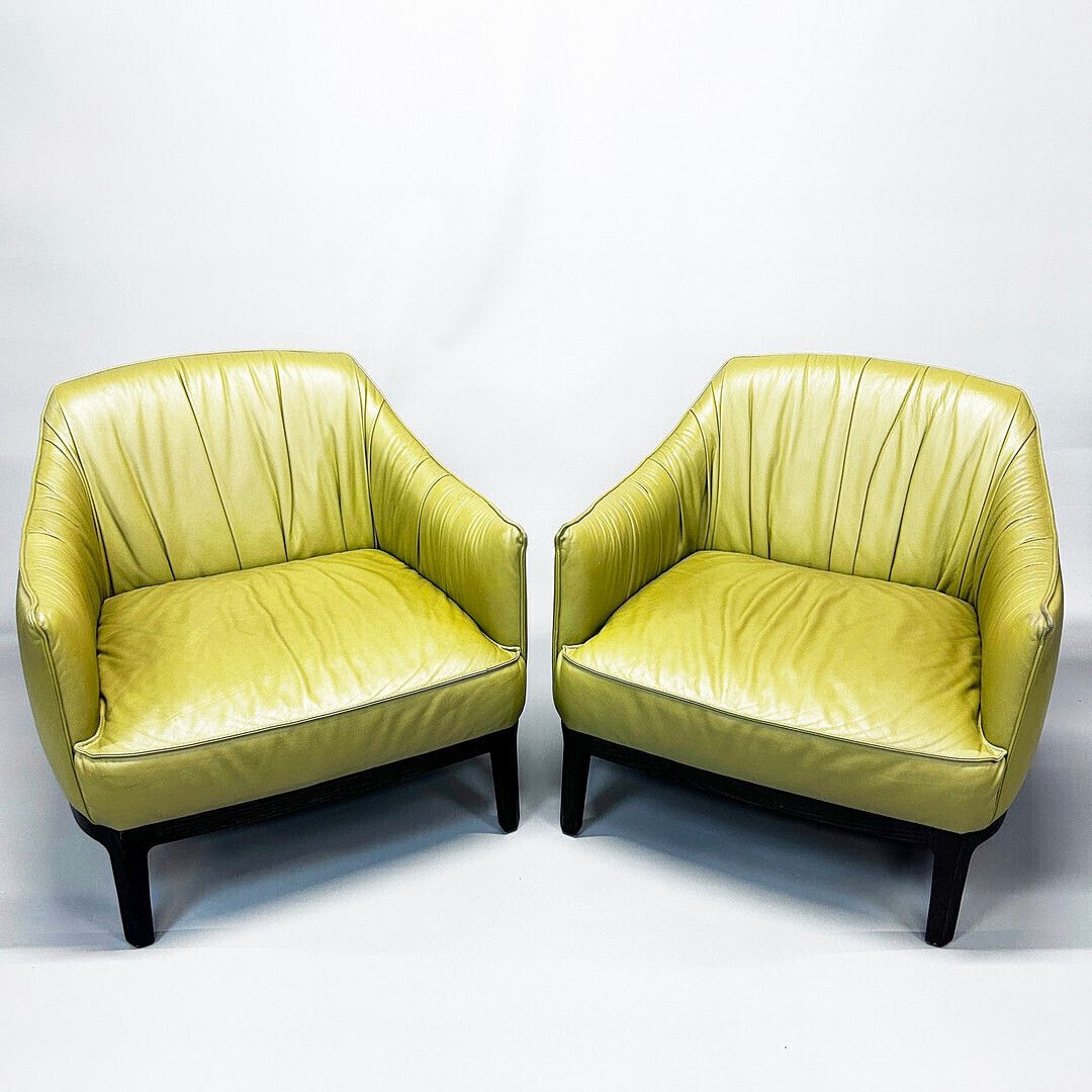 A Pair Of Italian Made Potocco 'Blossom' Lounge Chairs In Leather Upholstery With Solid Ash Frames Designed By Bernhardt & Vella.