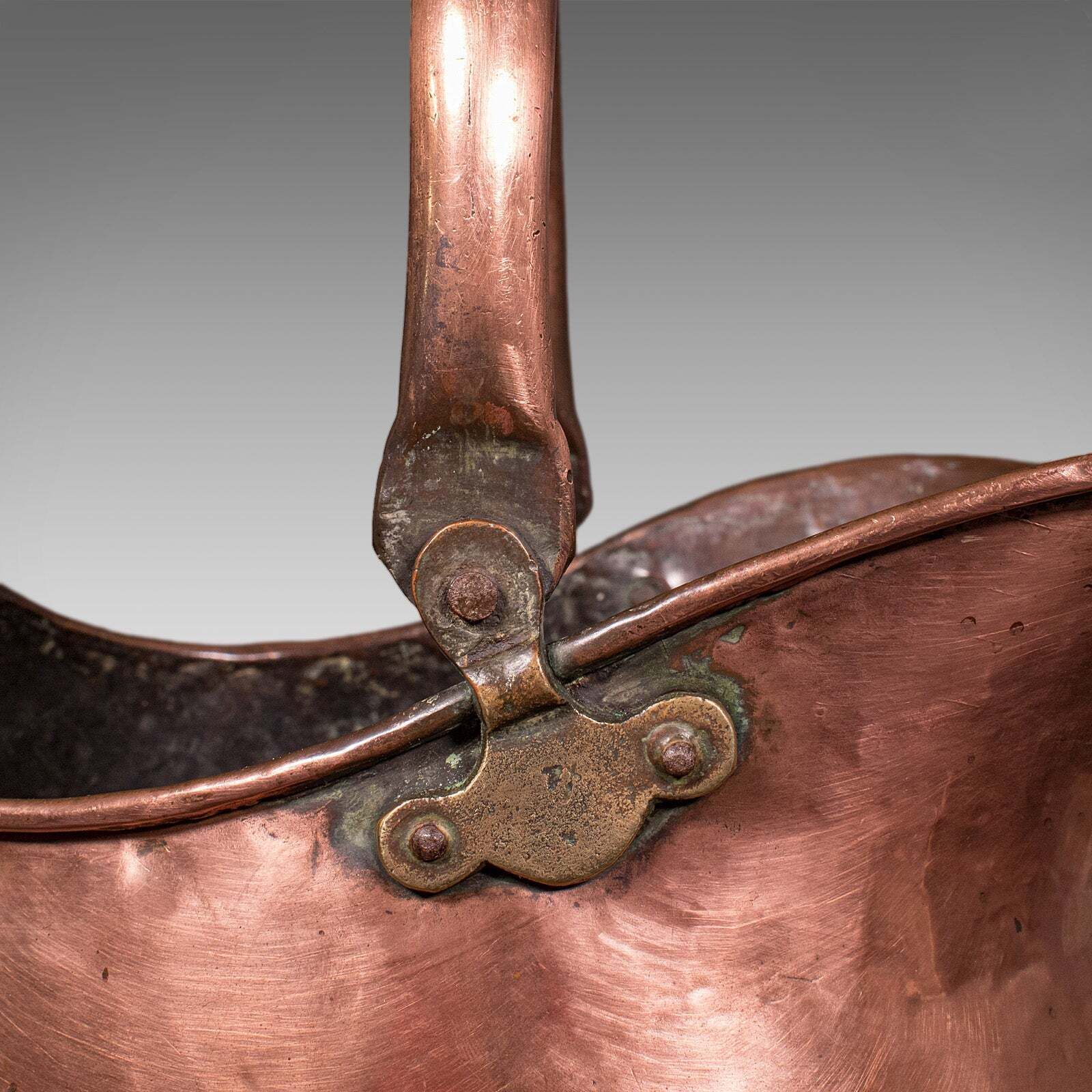 Antique Helmet Coal Scuttle, English, Copper, Fireplace Fuel Keeper, Victorian photo vintage
