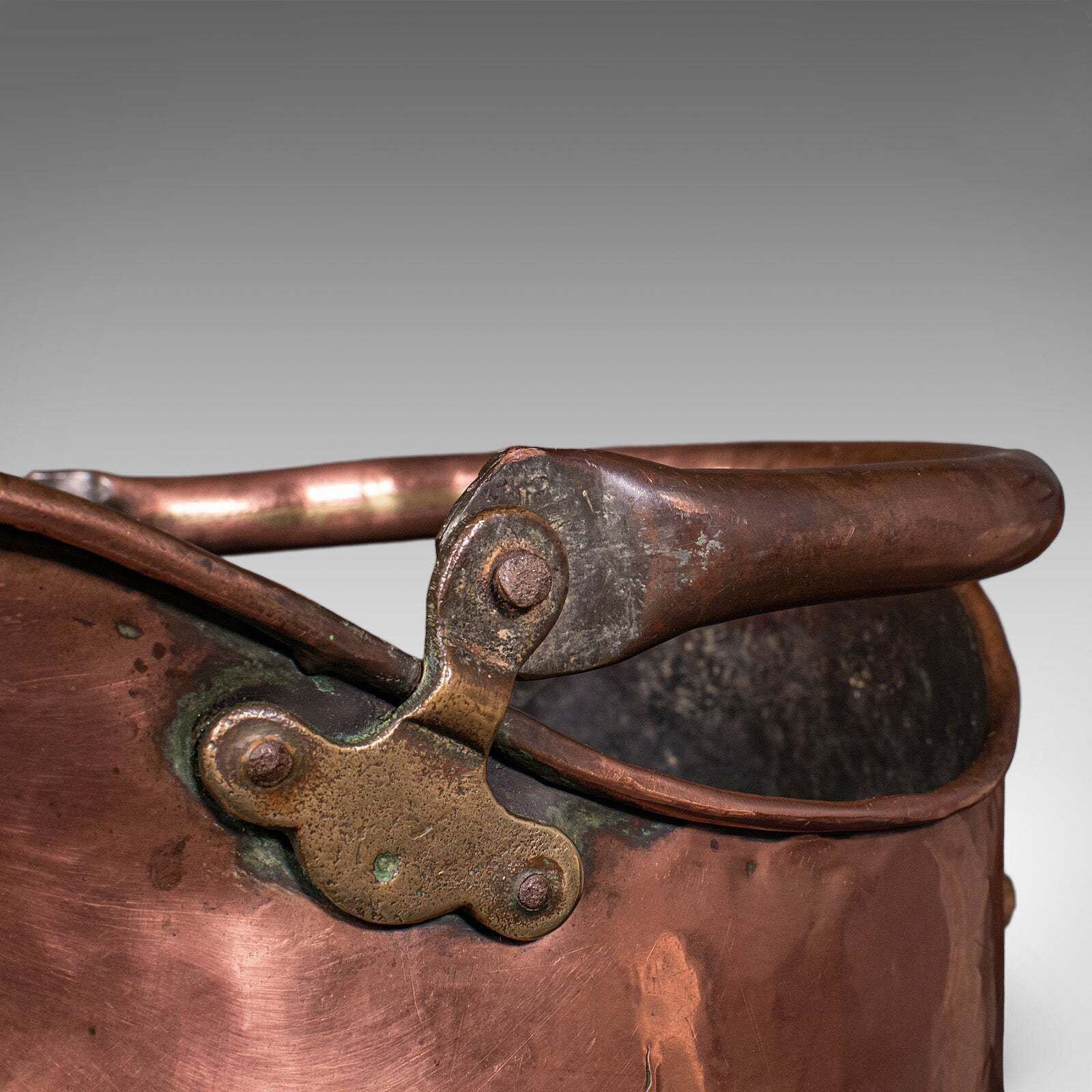 photo furniture Antique Helmet Coal Scuttle, English, Copper, Fireplace Fuel Keeper, Victorian