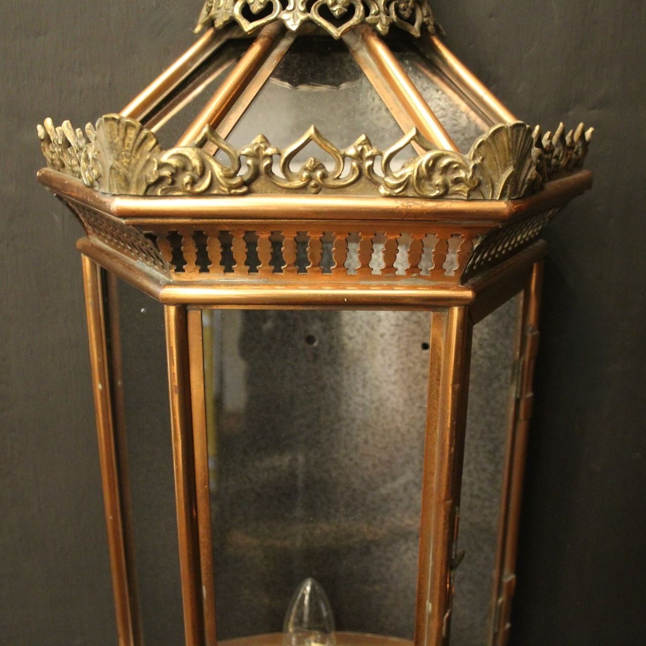 French Pair Of Brass & Copper Half Lanterns photo vinterior