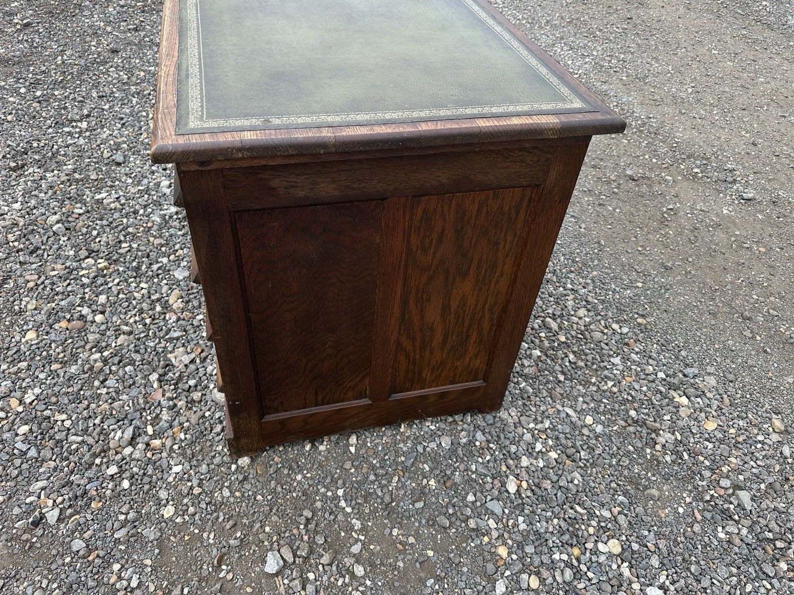 Vintage Oak Pedestal Desk Green Leather Top Twin Drawer Office Writing Desk #66 photo 236.0