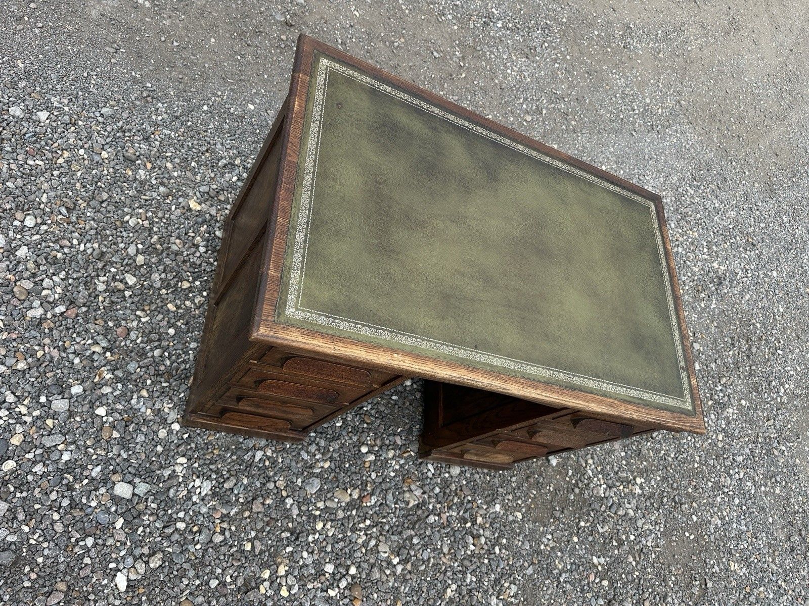 Vintage Oak Pedestal Desk Green Leather Top Twin Drawer Office Writing Desk #66 photo buy