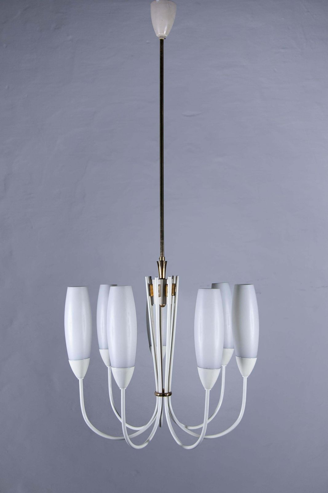 Fifties Six Opaline Glass Shades Chandelier. photo furniture