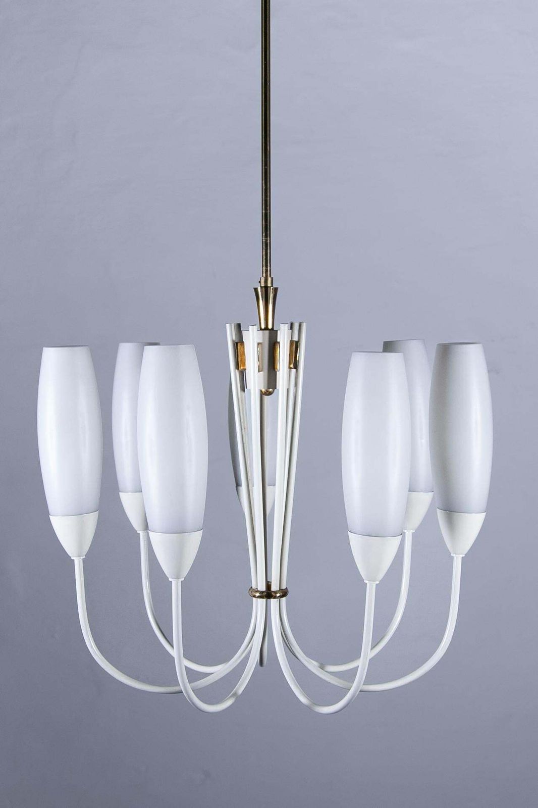 Fifties Six Opaline Glass Shades Chandelier. photo for sale