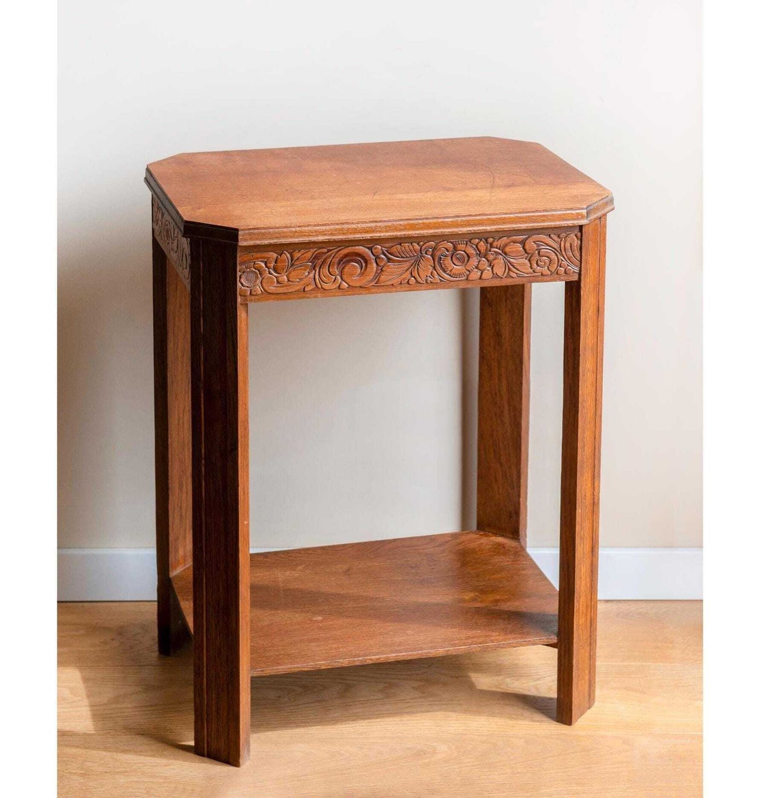 Art Deco Oak Side Table With Drawer – Carved Wooden Accent Table – Antique French Furniture