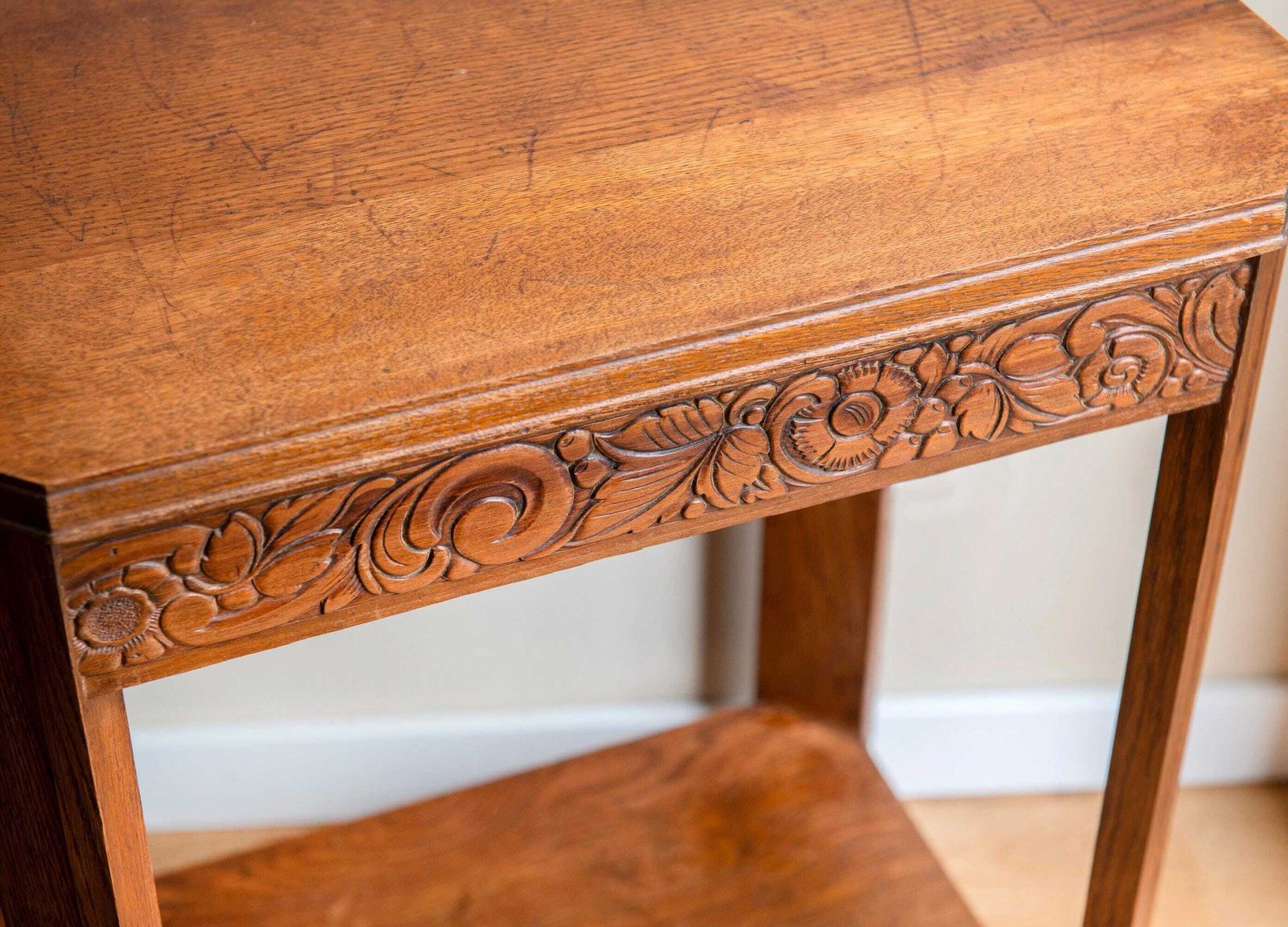 Art Deco Oak Side Table With Drawer – Carved Wooden Accent Table – Antique French Furniture photo vinterior
