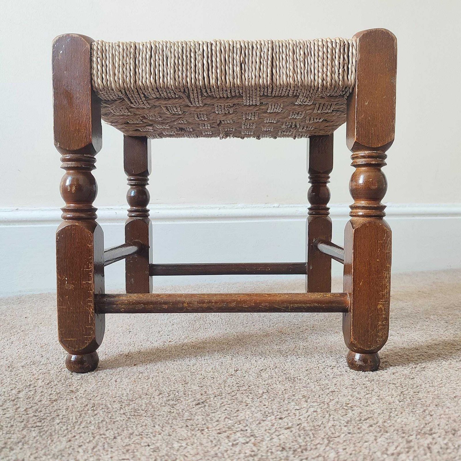 Vintage Rush Stool, Low Oak Footstool, Woven Seat, Rustic French Farmhouse, Country Cottage Decor photo vinterior