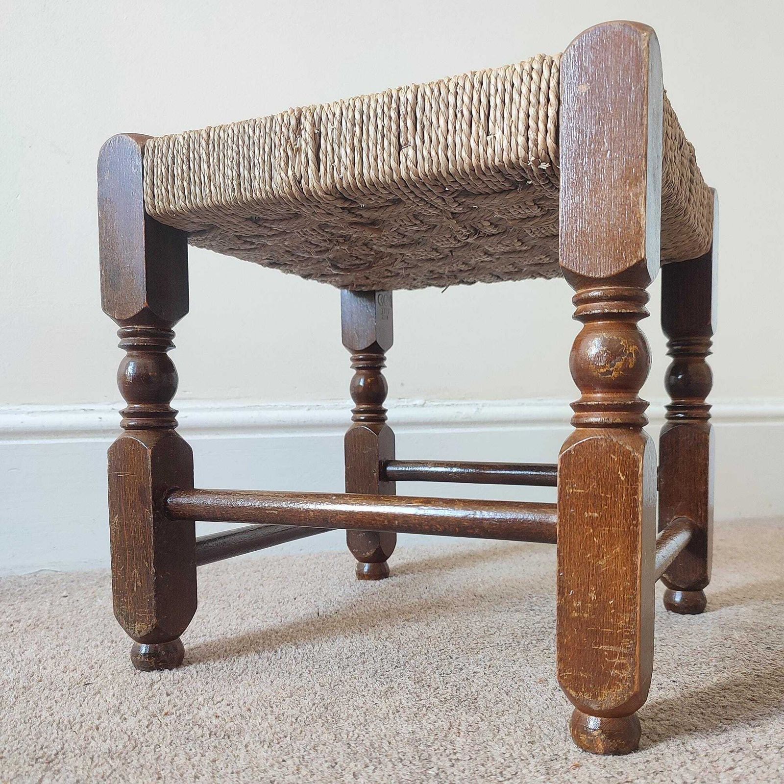 Vintage Rush Stool, Low Oak Footstool, Woven Seat, Rustic French Farmhouse, Country Cottage Decor photo buy