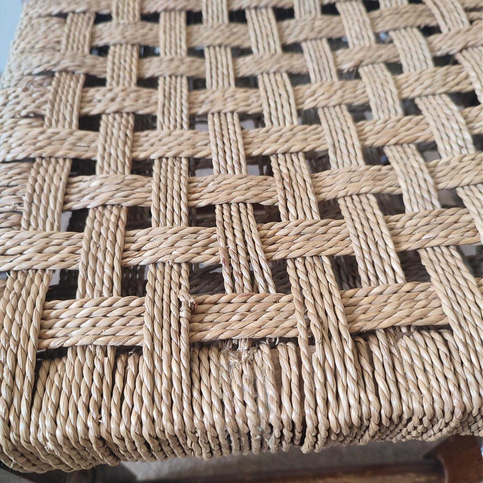 photo for sale Vintage Rush Stool, Low Oak Footstool, Woven Seat, Rustic French Farmhouse, Country Cottage Decor