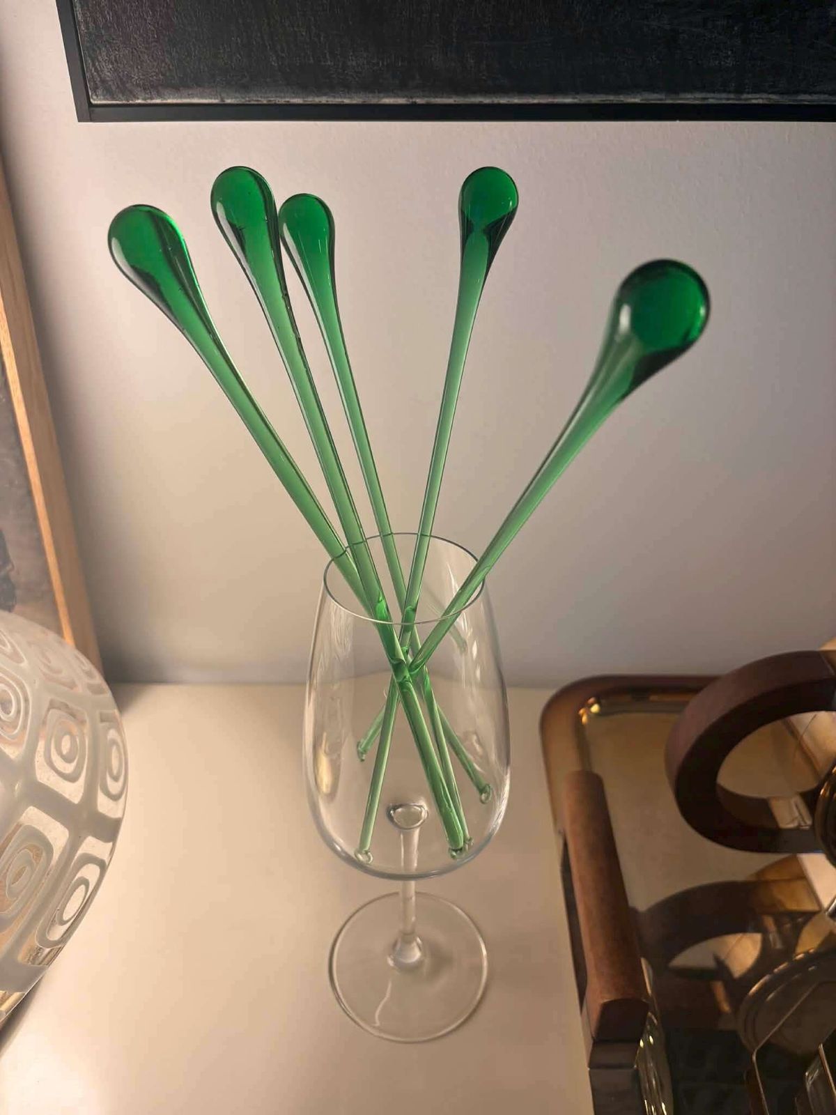 Vintage Murano Glass Cocktail Stirrers: Hand Blown Italian Swizzle Sticks, 1950s Green Bar Decor photo vintage
