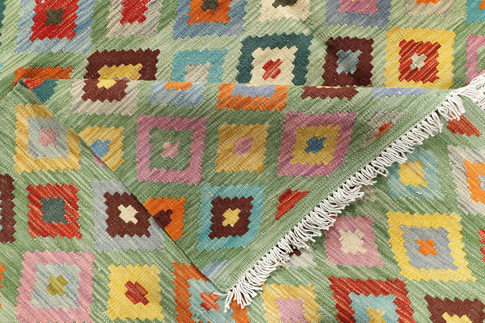 7x10 Green Geometric Kilim Flatweave Large Area Rug photo vinterior