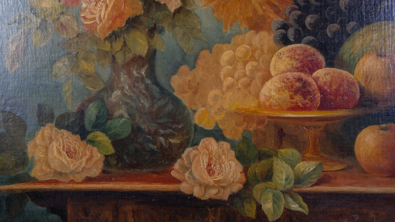 Still Life With Roses And Fruit, 17 Century Style Oil On Canvas, Dated 1896. photo 2049.0