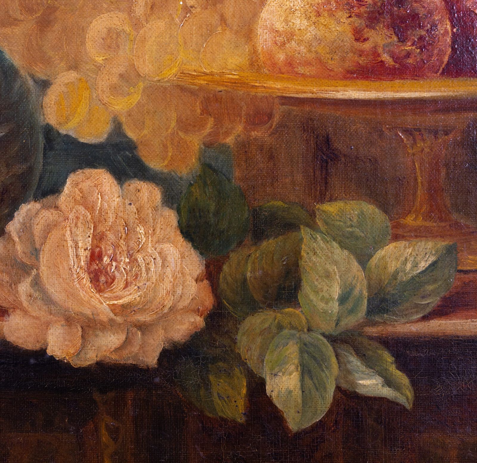 Art Still Life With Roses And Fruit, 17 Century Style Oil On Canvas, Dated 1896. photo