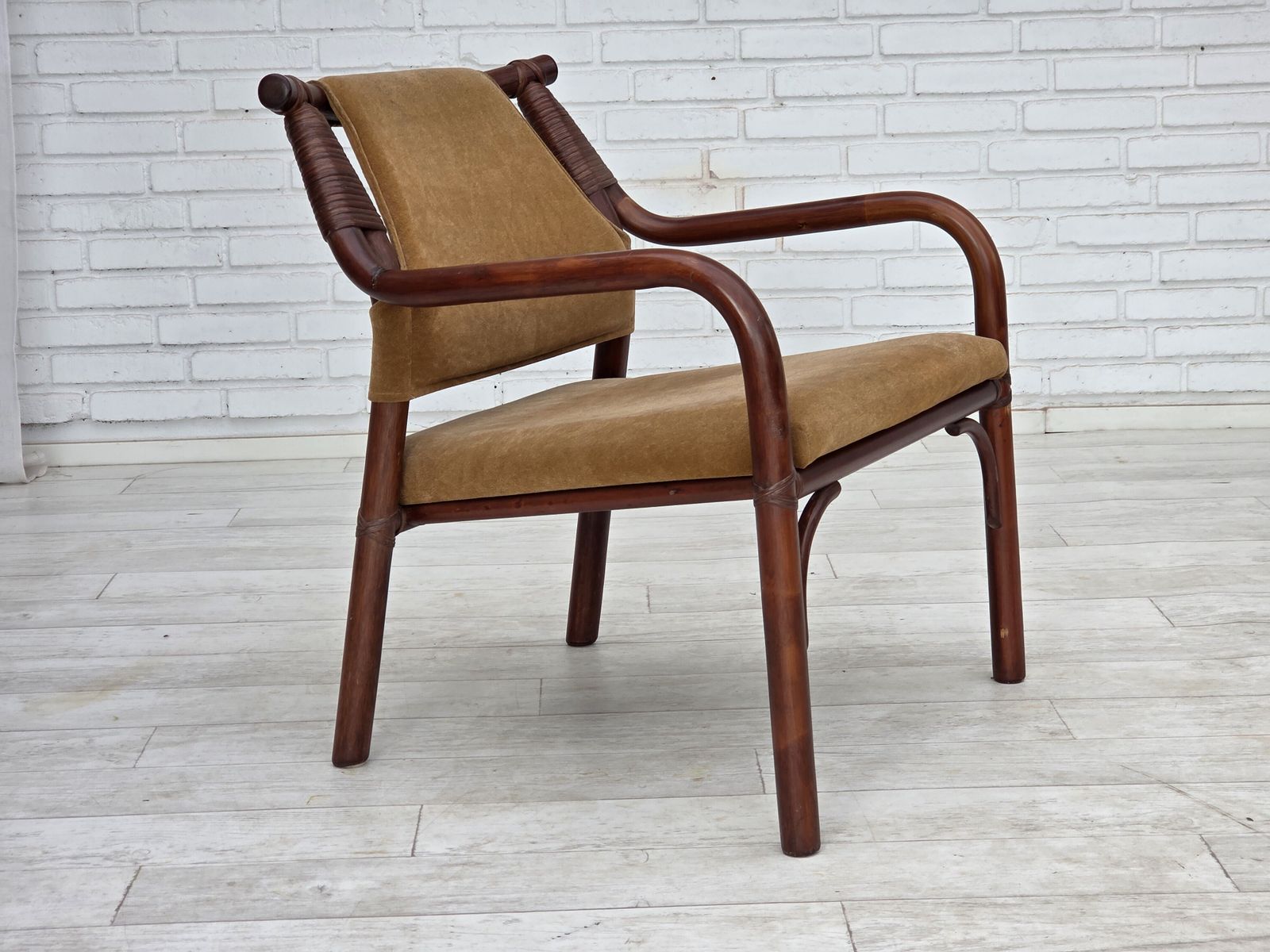 1970s, Danish Coffee Armchairs Set, Rattan, Nubuck Fabric. photo furniture