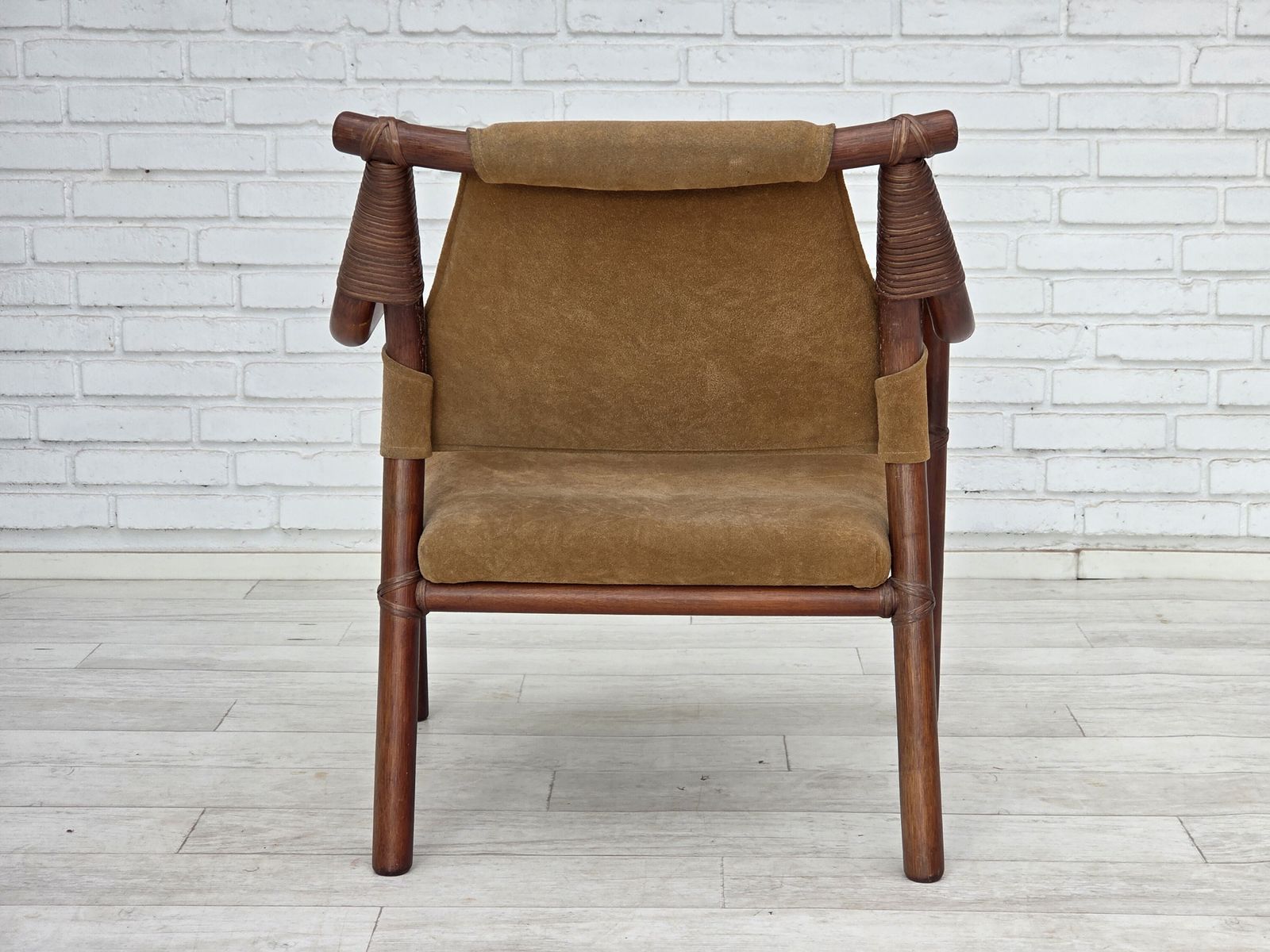 1350.0 1970s, Danish Coffee Armchairs Set, Rattan, Nubuck Fabric. photo
