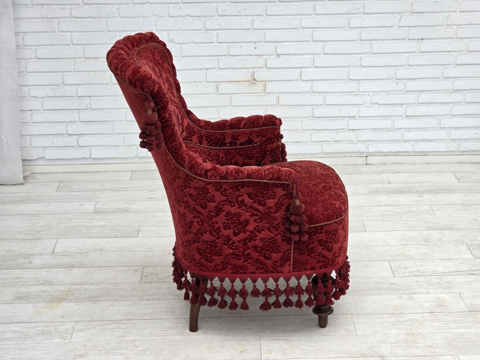Furniture 1950s, Danish Armchair, Furniture Velour, Beech Wood Legs. photo